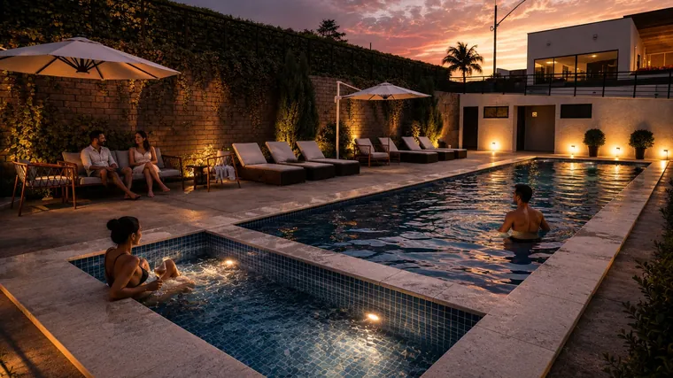 Família aproveitando a piscina do condomínio iluminada ao anoitecer